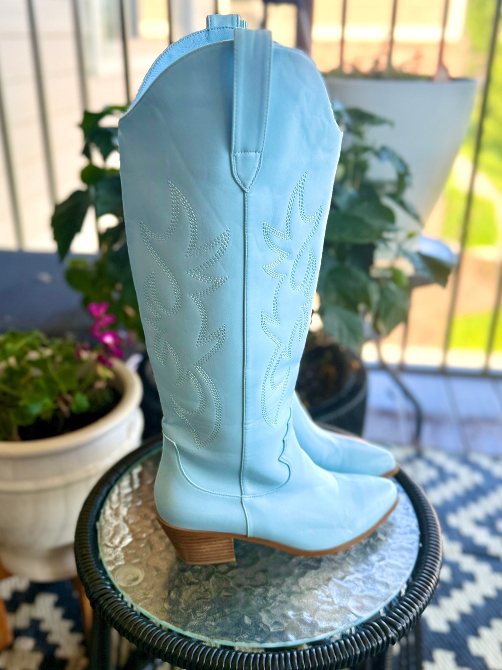 Light Blue Western Cowboy Boots Women’s Knee High Embroidered Boots Size 8